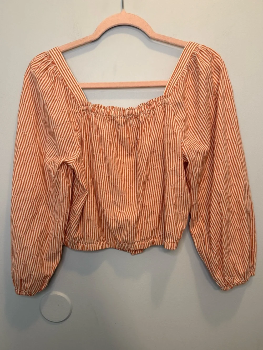 NWOT Madewell Peach Embroidered Stripe Puff Sleeve Button Front Crop Top Medium
